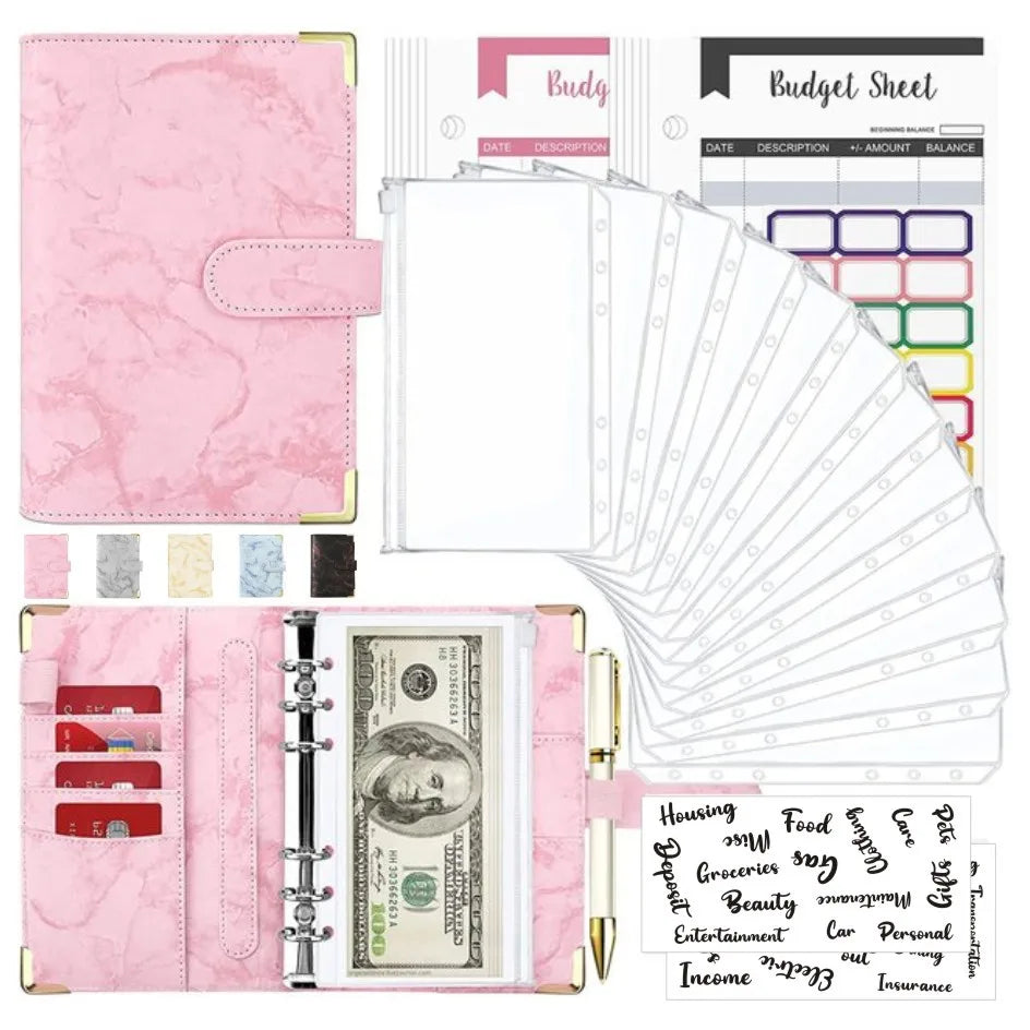 A6 Money Saving Organizer: PU Leather Budget Binder & Marble Notebook
